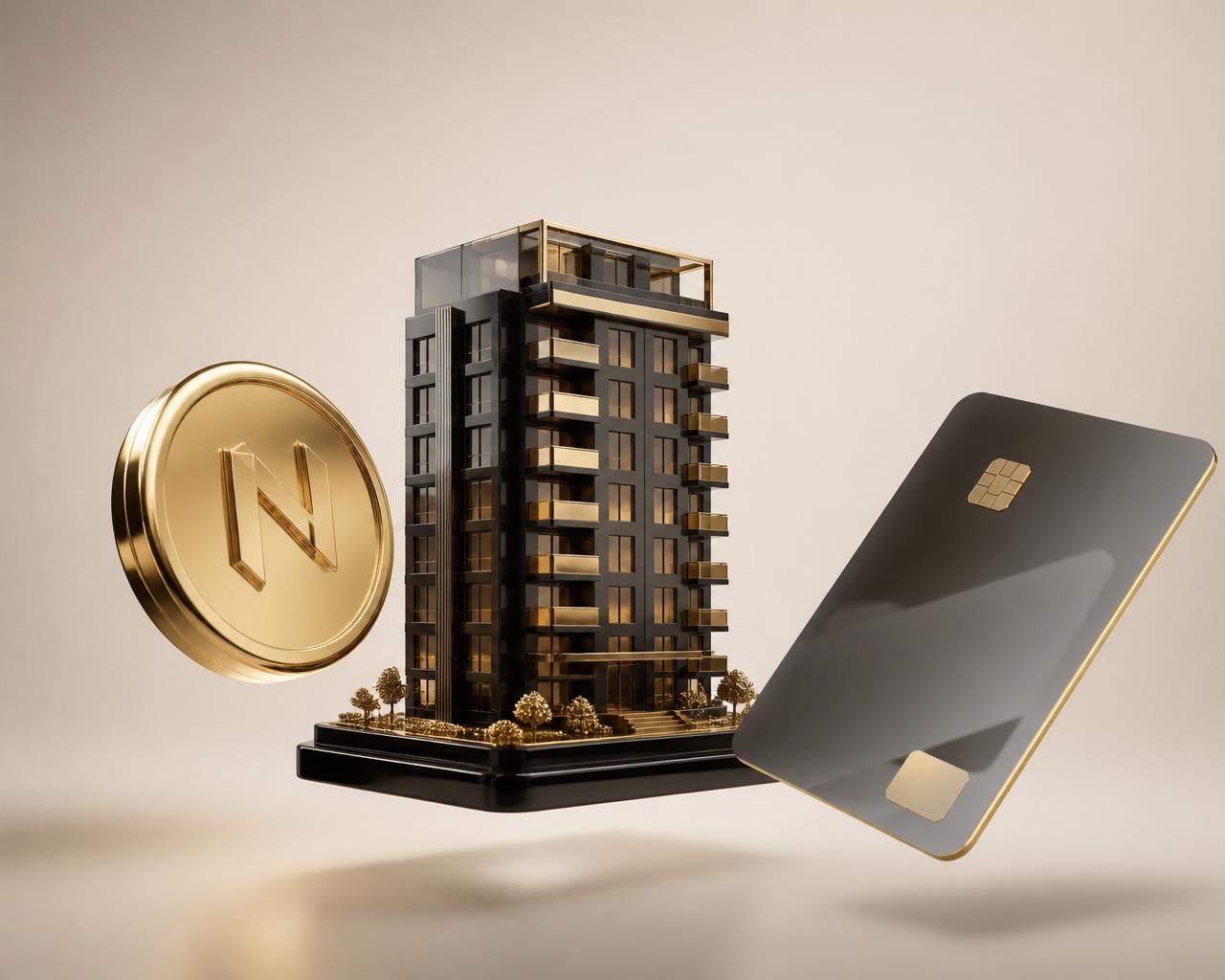 Gold coin, residential tower model, and matte black card